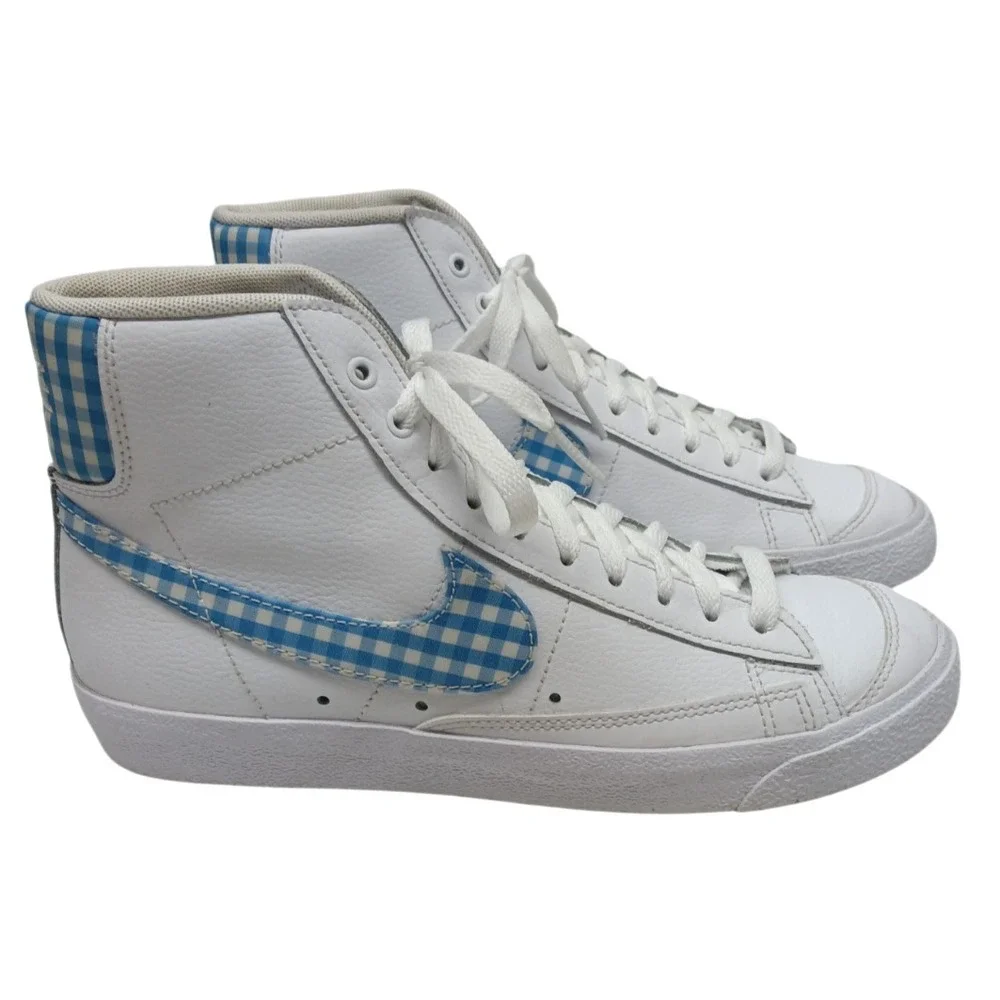 Nike Blazer Mid '77 Women's Size 7.5 White Blue Gingham Plaid Sneakers FD9163-10